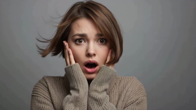 風で髪が舞う演出の中で驚く西洋人女性20代のダイナミックな写真