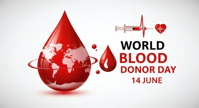 Graphic illustration for World Blood Donor Day on June 14, featuring a large blood drop with a globe, a syringe, a heartbeat line, and a heart icon.