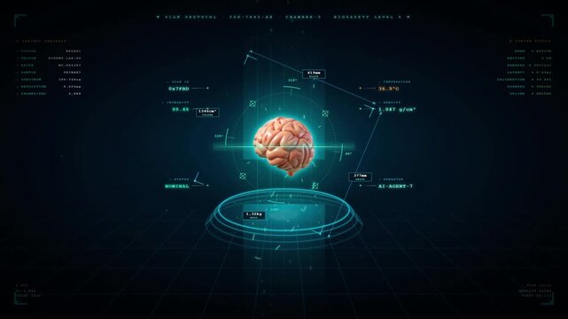 Futuristic medical scan interface showing human brain with biometric data analysis and neuromorphic mapping on dark display