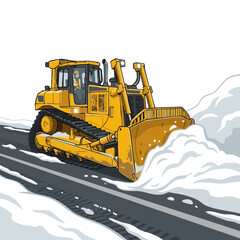 Fototapeta premium Yellow bulldozer clearing snow from highway in winter landscape 