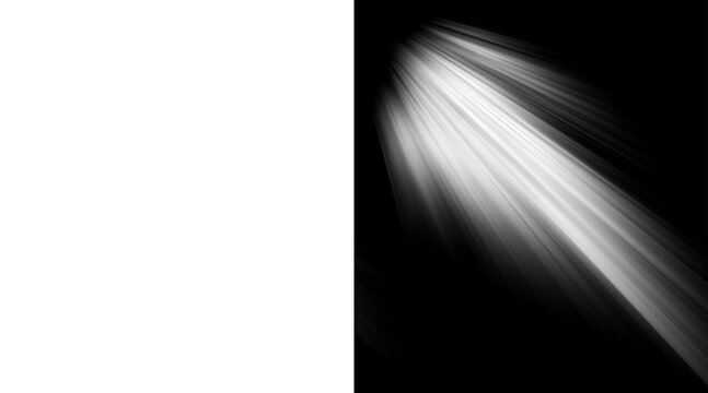 Sunlight beam overlay on black background, ethereal white light rays for photo editing, volumetric lighting effect with soft glow