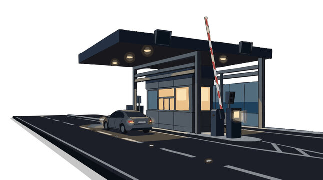 Toll booth at night with car entering on road background  