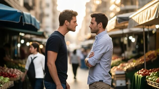 Two young adult men in a tense confrontation standing face to face in a busy outdoor city street market