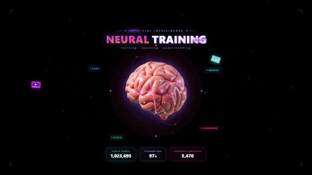 Futuristic neural training dashboard showing brain model with data parameters and machine learning visualization on dark background