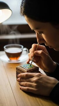 Young woman painting intricate floral patterns on a small wooden box, mindful artisan hobby at home