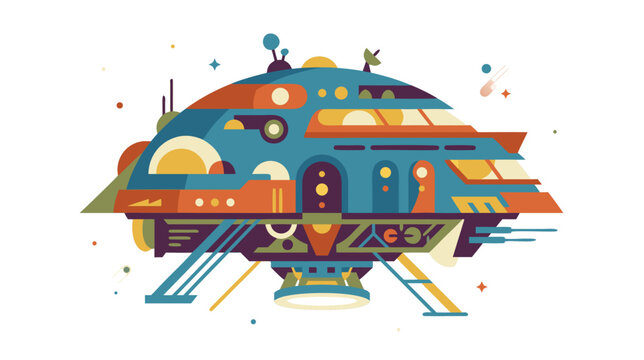 Futuristic cartoon spaceship illustration, colorful modern spacecraft design for sci-fi and space exploration concept
