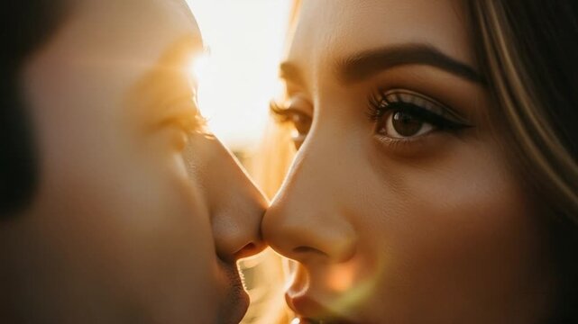 Intimate couple sharing a romantic moment with noses touching at golden hour sunset
