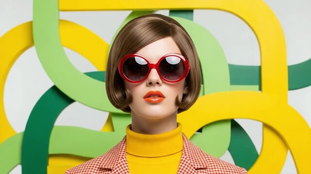 Stylish young woman with 1960s retro bob haircut wearing red sunglasses and checkered blazer in studio