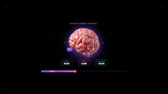 AI model training completion screen showing brain visualization with accuracy metrics and deployment status on dark background