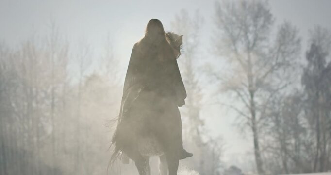 Woman riding a powerful rearing horse in winter