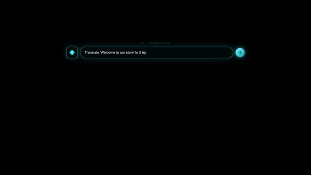 AI translator interface displaying welcome phrase translated into five languages on dark futuristic dashboard