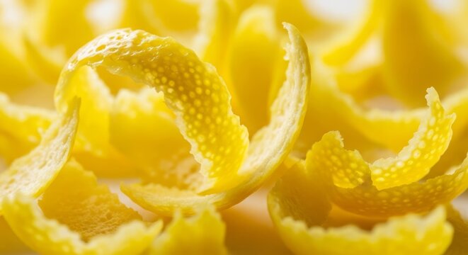 Close-up view of vibrant yellow lemon zest shavings showing intense texture, porous rind, and natural citrus oils on a clean background, shavings, garnish, macro