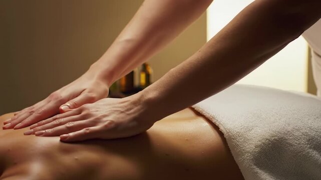 Smooth tracking video of gender-neutral hands performing a back and shoulder massage in a luxurious spa with warm light, white towels, bokeh. Concept of ultimate relaxation