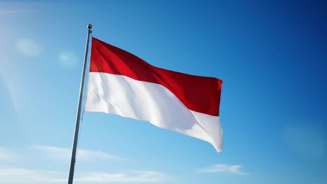 National Flag of Indonesia Waving in the Wind Against Blue Sky