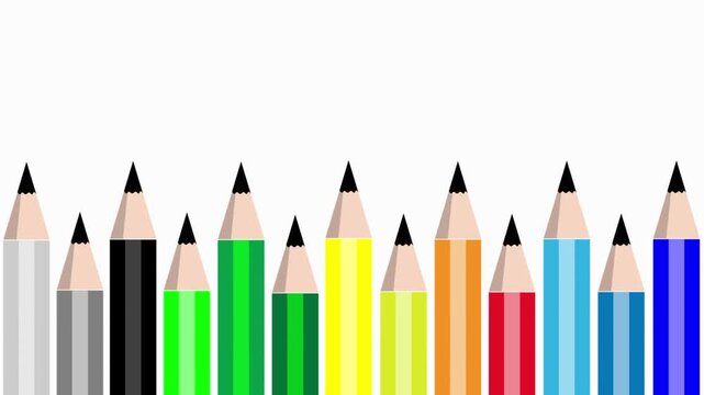 A playful cartoon vector animation of various colored pencils popping up one by one to form a neat row against an isolated white background. Perfect for back-to-school promos, arts and crafts tutorial