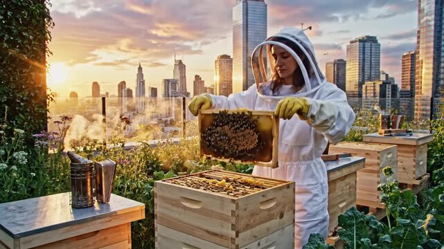 Beekeeper inspecting beehive on city rooftop at golden hour