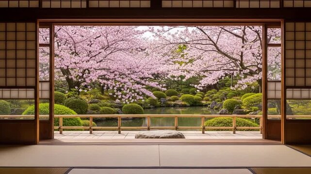 Traditional Japanese Zen Room Interior with Tatami Mats and View of Blooming Cherry Blossom Garden in Spring