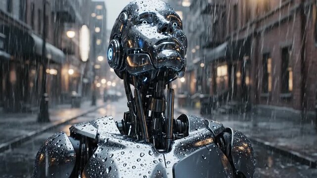 Metallic humanoid robot in rainy city street at night