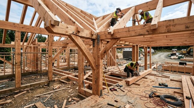 Carpenters Constructing a Timber Frame Building Structure on a Construction Site