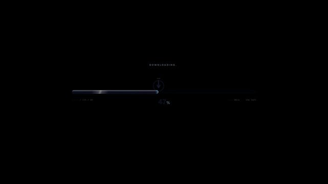 Download progress animation showing percentage loading then successful completion with green glow on dark background