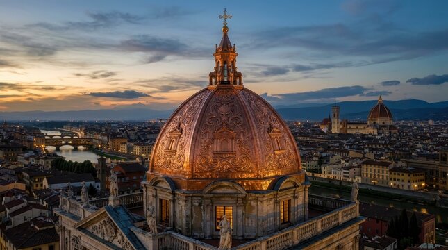 Ornate Copper Dome of Historic European Cathedral at Dusk Illuminated Against City Skyline