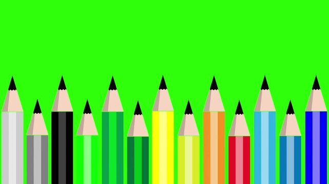 A playful cartoon vector animation of various colored pencils popping up one by one to form a neat row against a chroma key green screen background. Perfect for back-to-school promos, video editing tr