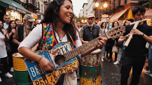 Musicians performing with crowd on vibrant New York street