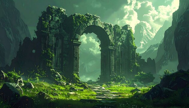 A stone archway, overgrown with moss, stands in a green valley between towering mountains under a cloudy sky