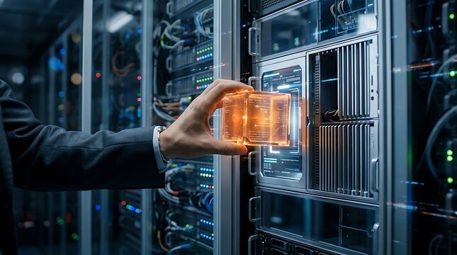IT administrator inserting a glowing holographic data block into a futuristic server rack for network database storage and cloud computing integration