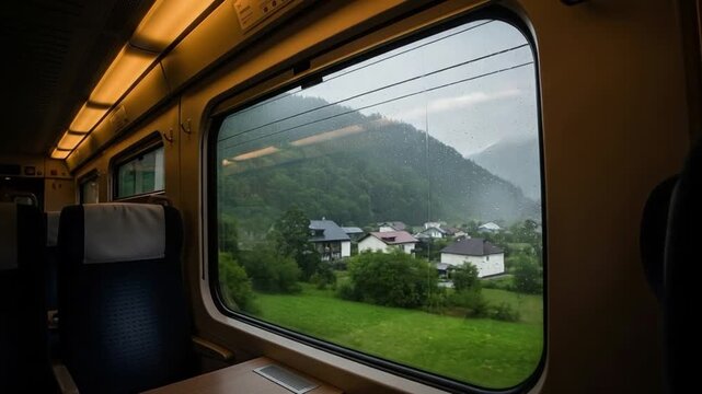 Scenic view from a train window looking out at a rainy mountain village landscape with green hills and houses