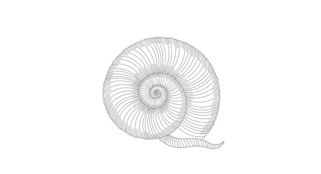 Detailed spiral nautilus shell illustration, line art, isolated on white background.