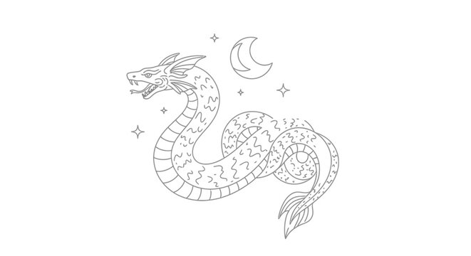 Mystical Serpent Dragon with Crescent Moon and Stars