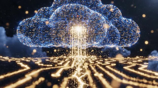 Digital Cloud Computing Network with Data Flowing to Circuit Board.