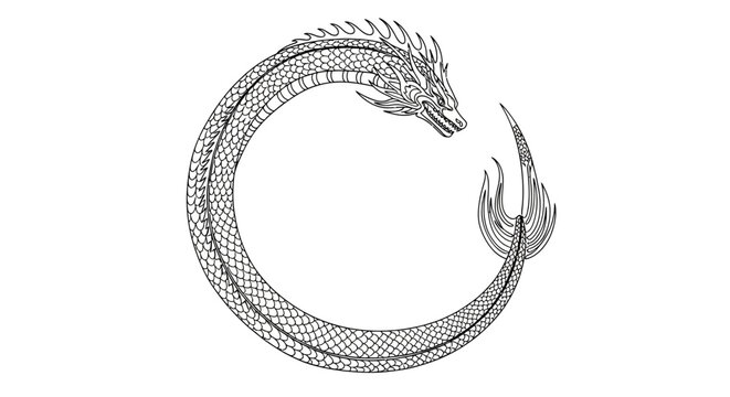 Circular Dragon Ouroboros Symbol, Mythical Creature Outline, Ancient Legend