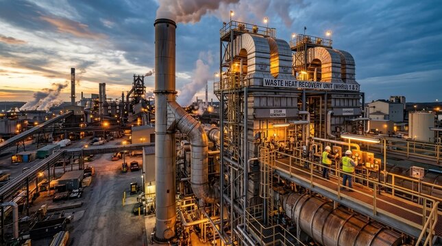 Industrial Power Plant Emitting Smoke With Waste Heat Recovery Systems and Workers Visible at Dusk