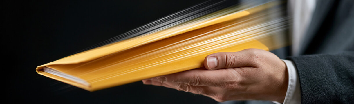 Confidential Information Exchange: A man in a business suit extends a yellow envelope, its contents blurred by motion, suggesting a swift and discreet transfer.