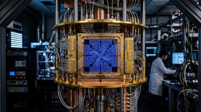 Intricate Quantum Computer Core with Glowing Blue Circuitry