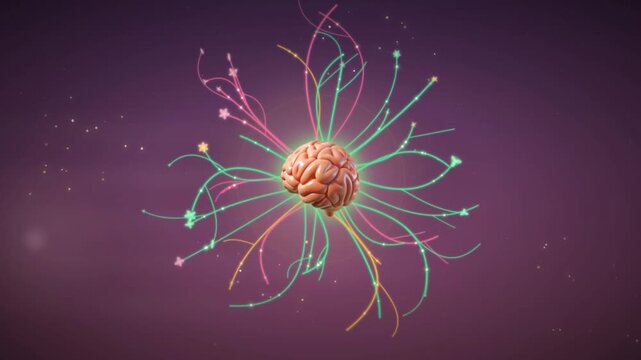 Human brain with colorful neural connection lines radiating outward representing creativity and thought process on purple background
