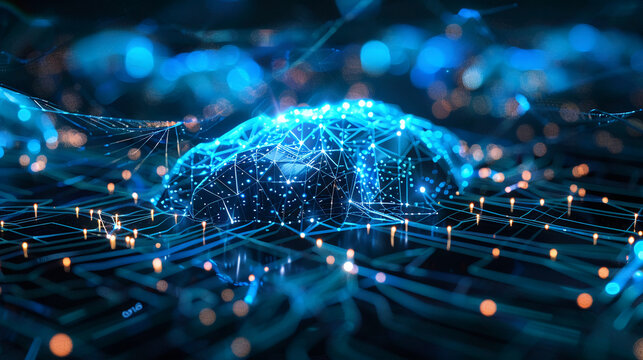 Digital brain neural network glowing with futuristic technology and data connections in dark cyber space