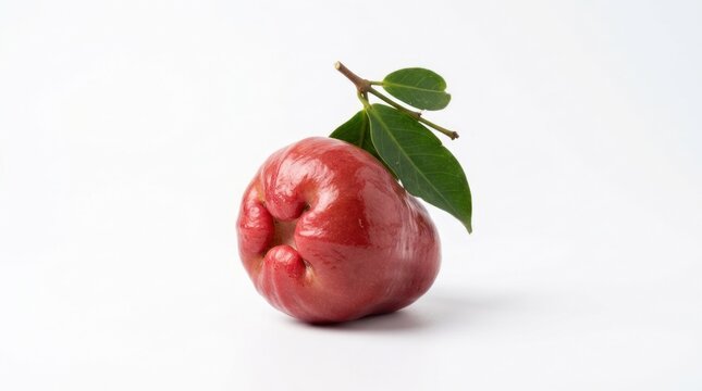 Single Ripe Red Rose Apple Fruit with Green Leaves on White Background.