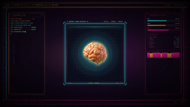 Retro futuristic neural operating system terminal displaying brain core with system logs and telemetry data on dark background