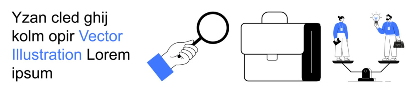 Business analysis, career choice, decision-making, work-life balance, professional evaluation, market research. A magnifying glass, briefcase and two figures on a scale. Business analysis