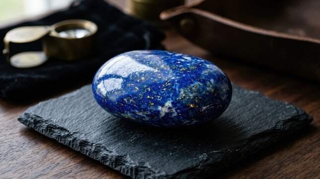 Polished Lapis Lazuli Gemstone with Gold Flecks on Dark Slate Surface