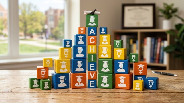 Stack of Educational Blocks Spelling Achieve with Graduation Cap Icons.