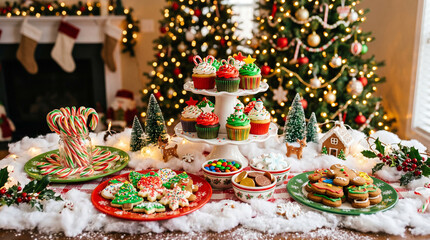 Fototapeta premium Colorful dessert buffet with festive treats and cupcakes in a warm holiday setting perfect for catering services or seasonal party promotions