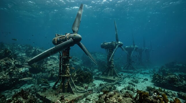 Submerged underwater tidal turbines generating renewable energy on the ocean floor, showcasing marine power technology.