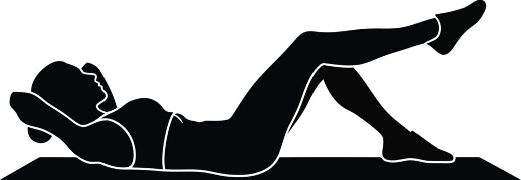 Female fitness silhouette doing abdominal workout on mat isolated on white background