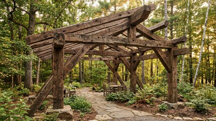 Naklejka premium Rustic Timber Pergola Structure in a Lush Forest Garden Setting