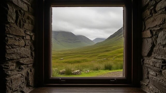 View from a rustic stone cottage window overlooking a dramatic green mountain valley in the Scottish Highlands