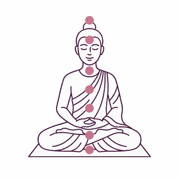 Minimalist vector illustration of a meditating Buddha figure with seven pink chakra points on a clean white background